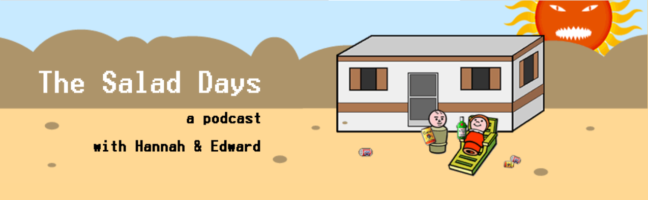 Cartoon desert scene. Blue sky. Brown rocks. Light brown sand. White trailer with a screen door. The sun is red and orange and has a face that looks a little angry. Two peg people out front. One is standing and looking toward the other who is laying on a greendeck chair. They both have drinks. They both look happy.