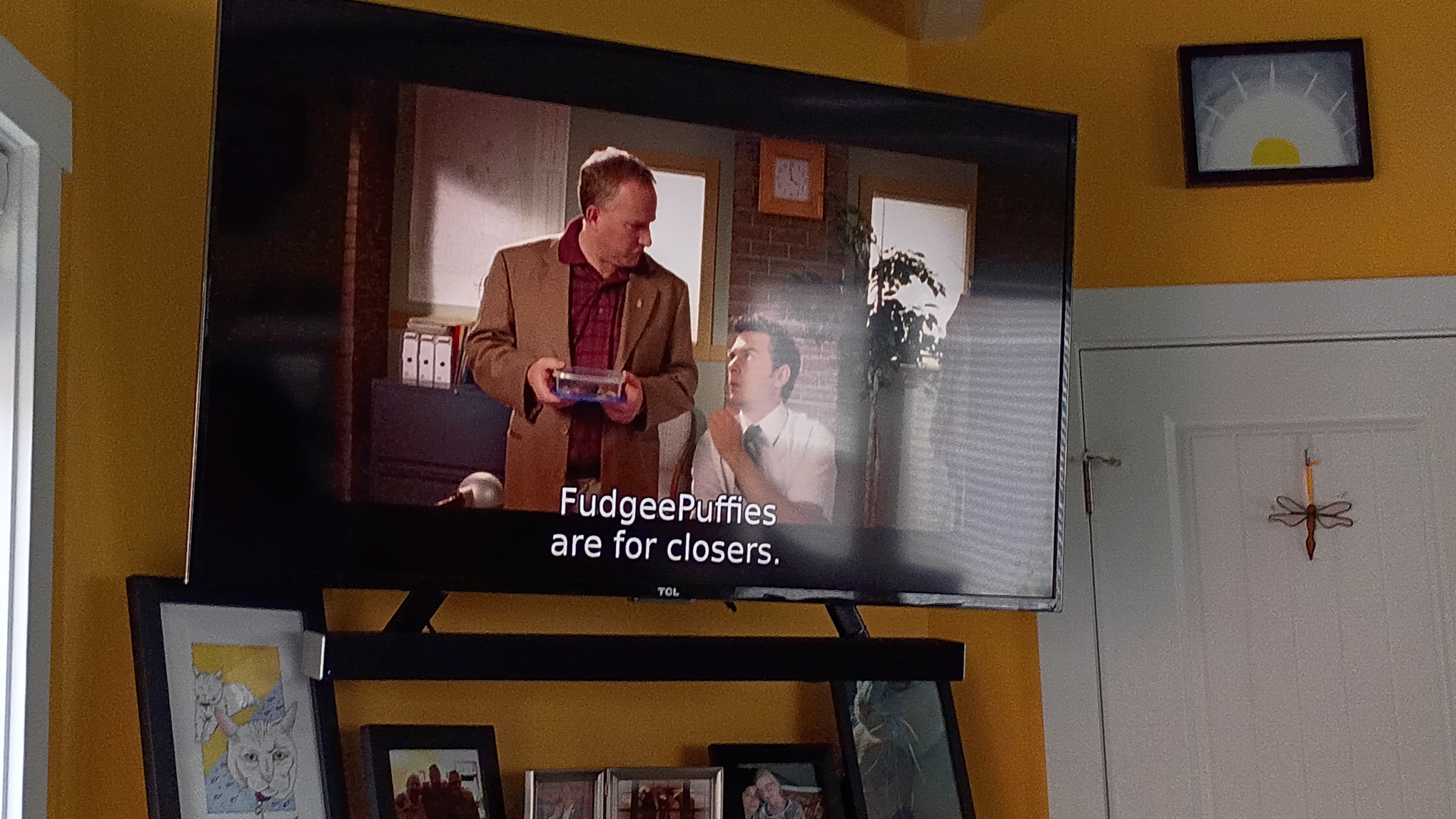 Frame from the TV show Corner Gas. Mayor Fitzy hired Hank to do some accounting for an audit of city finances by the province. Fitzy was about to offer Hank some fudgee puffies to celebrate a successful audit when the auditors told them how bad the books actually were. After the audit Hank asked Fitzy if he could have a fudgee puffy and Fitzy stated Fudgee puffies are for closers.