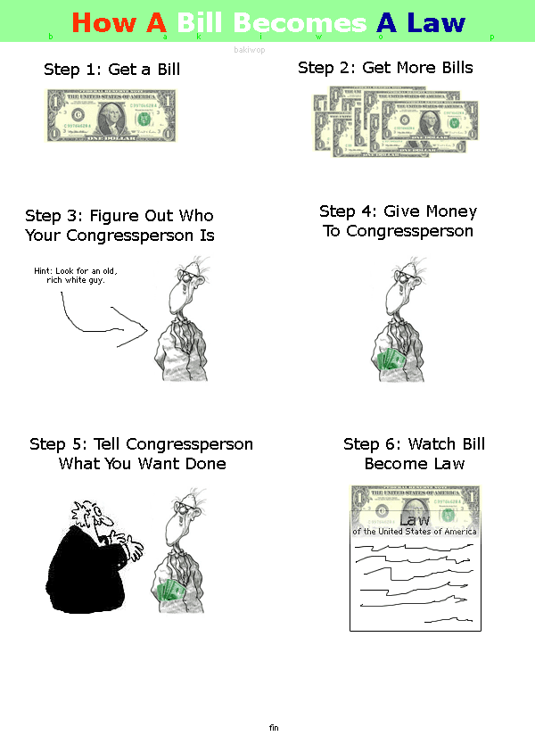 Step 1 - get a bill (dollar). Step 2 - get more bills (dollars). Step 3 - Figure out who your congressperson is. Step 4 - give money to congressperson. Step 5 - tell congressperson what you want done. Step 6 - watch bill become law.
