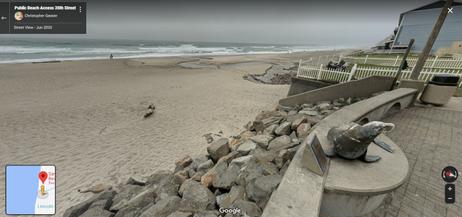 The Joe the Sea Lion statue is usually a couple hundred feet away from, and about fifteen feet above, high tide.