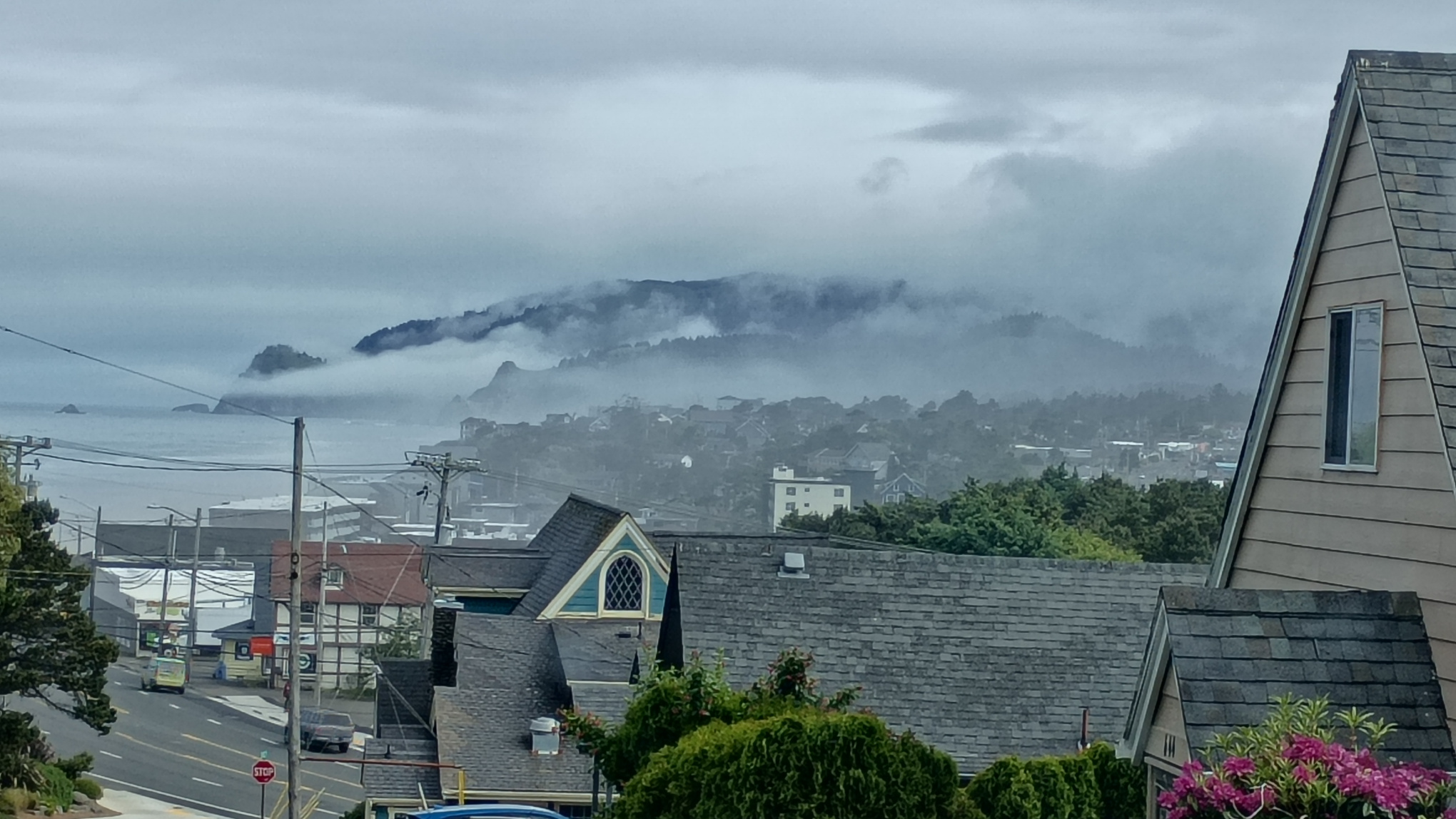 On a hill near D-River looking toward Cascade Head where fog winds around the mountains. Tiny houses cluster in the middle of Lincoln City looking gray and drab. Ocean is the same color as the gray mist.