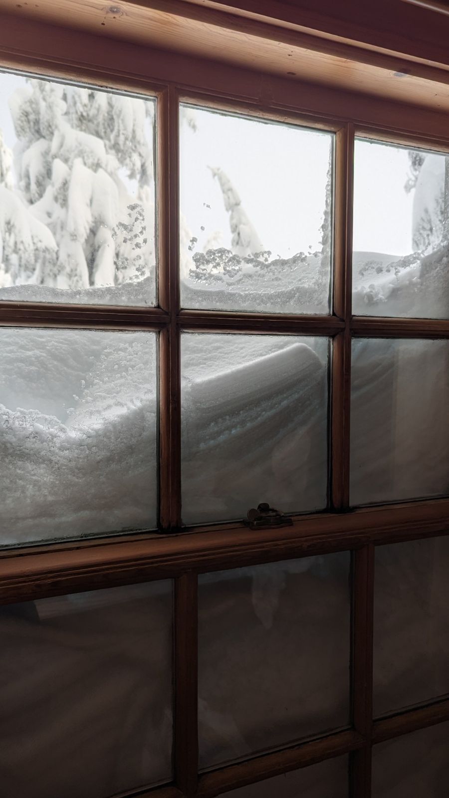 Woodsy interior. Big window. Snow obscures seventy five percent of the window.