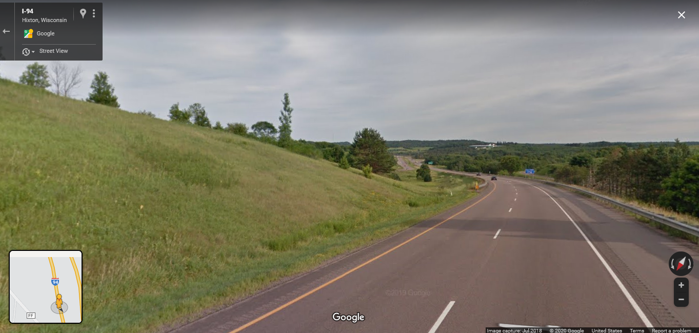 I-94 between Milwaukee and the Twin Cities. Divided highway using grass and trees. Two lanes in both directions. Gentle curves. Small hills. Chef's kiss!