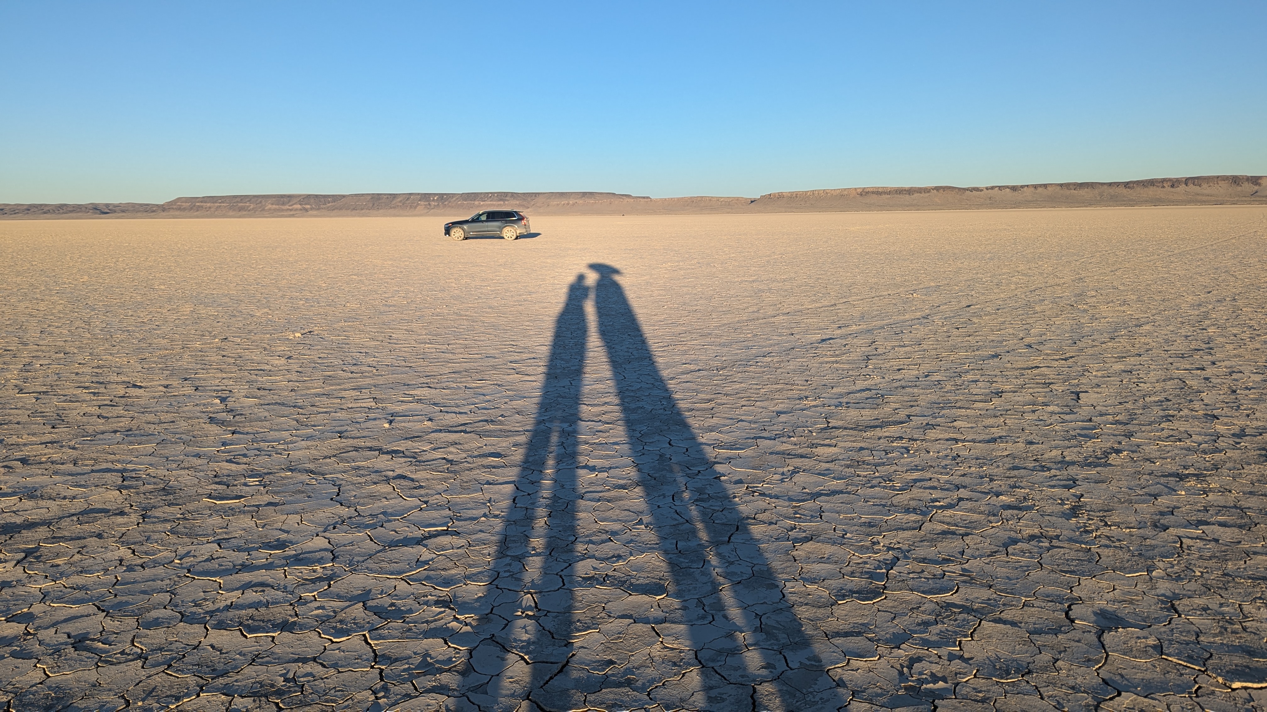 Our shadows stretched a long way across the playa near sunset.