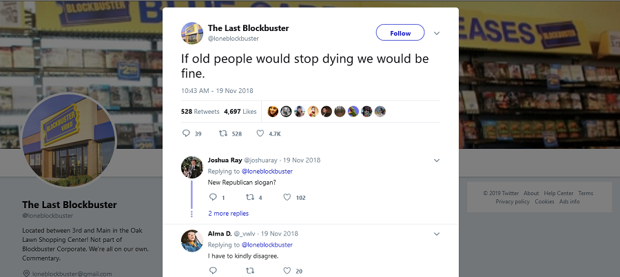 Image of tweet from @loneblockbuster stating 'If old people would stop dying we would be fine.'